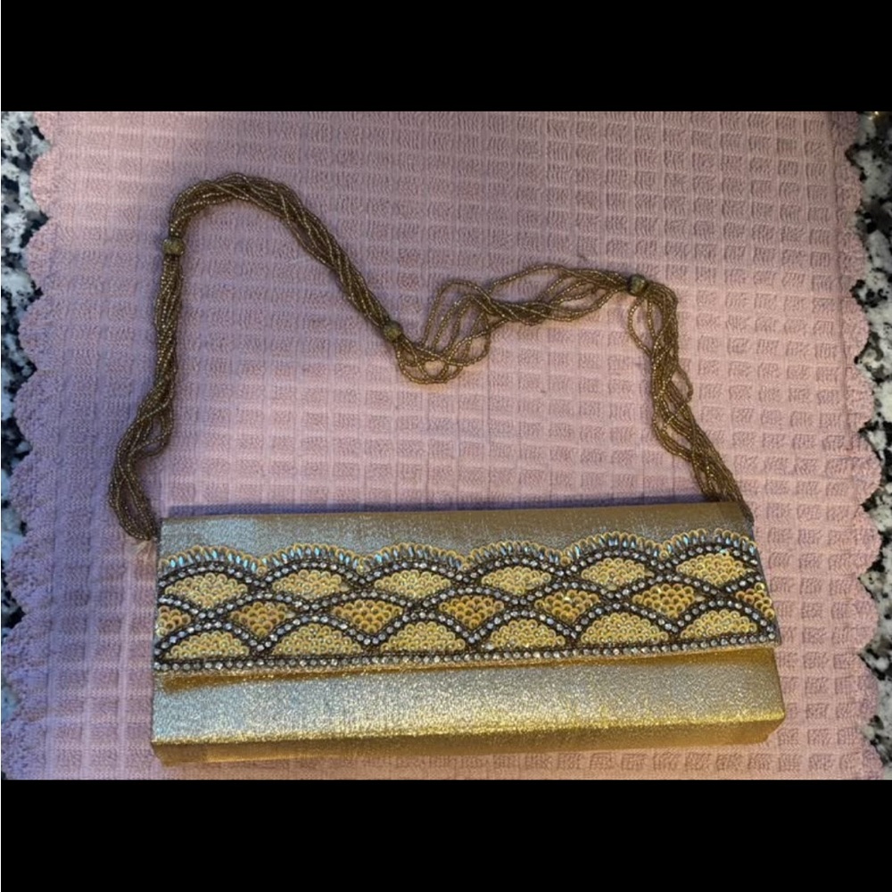 Miche Gold Beaded Evening Clutch Bag Metallic Glitter Striped‎ Lining